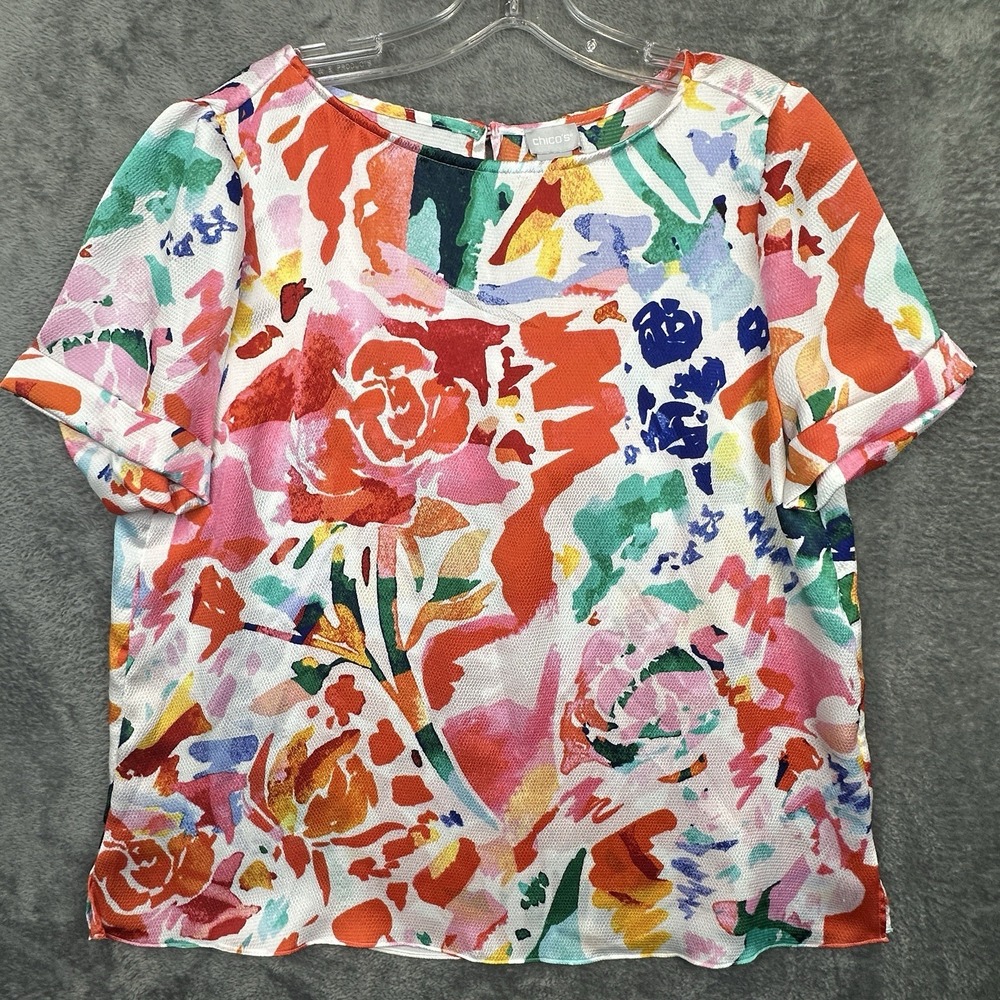 Chicos Blouse Women's 12 / 14 Multicolor Short Sleeve Scoop Neck Floral Print
